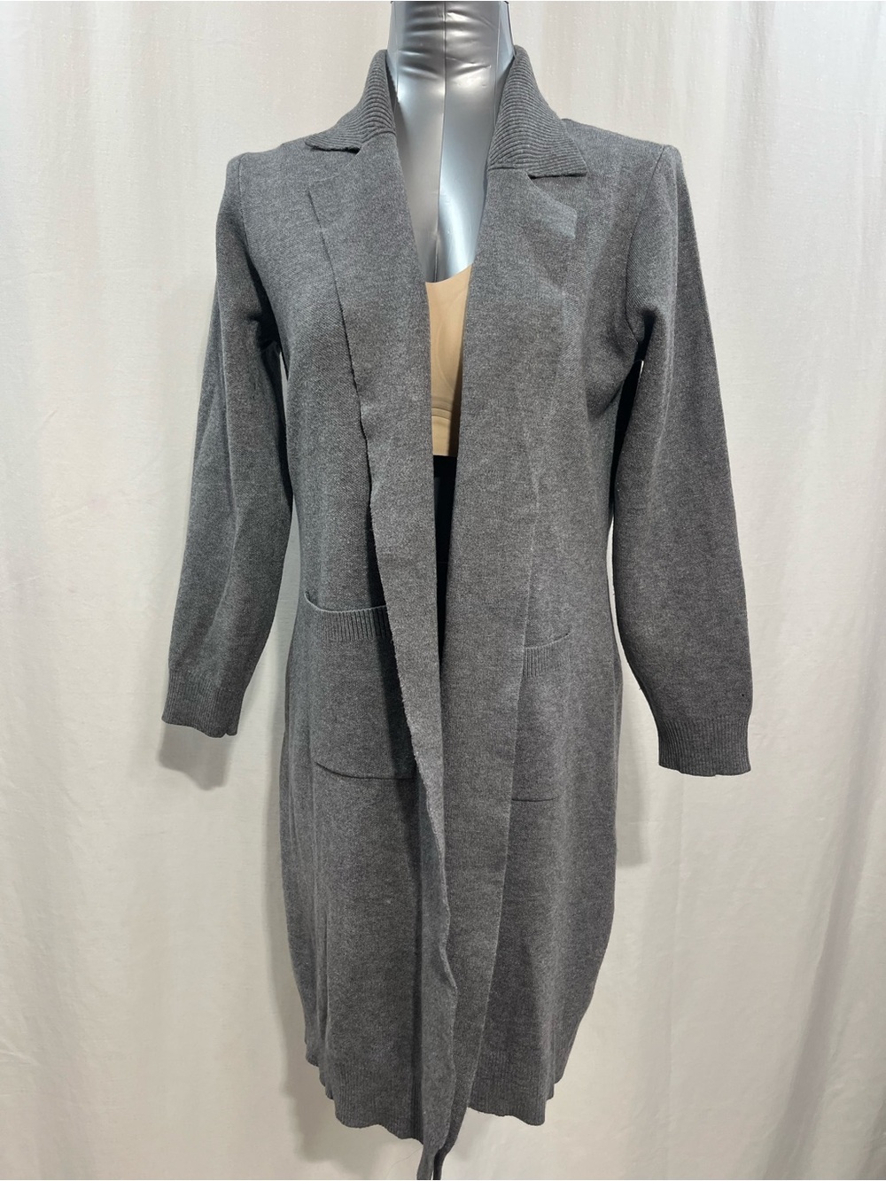 Kathy Ireland Gray Long Knit Cardigan Sweater Blazer Jacket with Pockets 1538